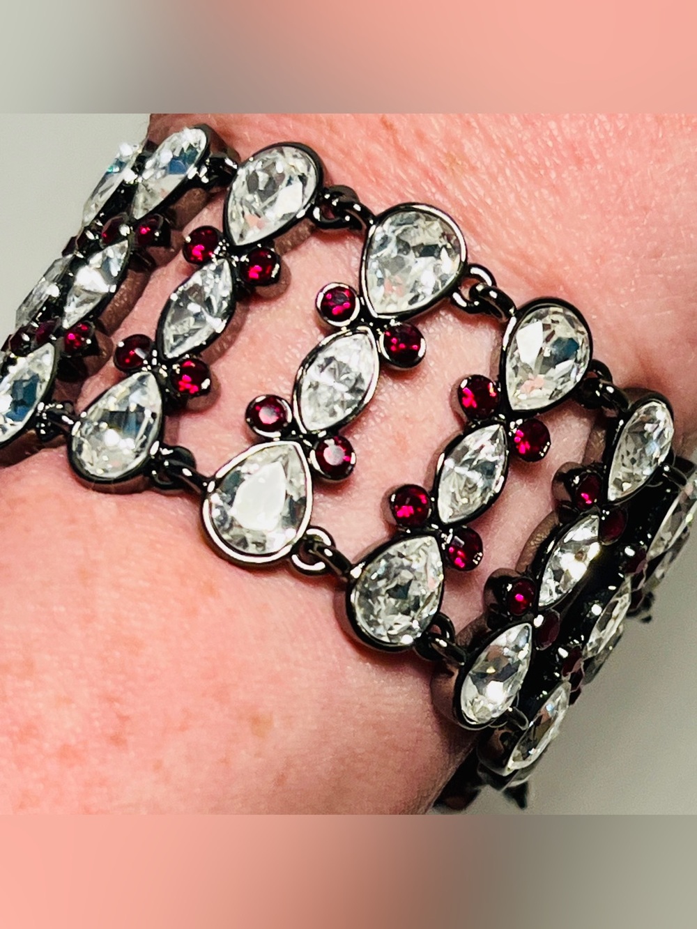 Wide Art Deco Revival Statement Bracelet, Clear & Red Crystals, Double Clasped